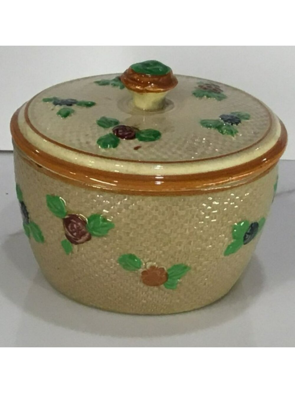 Antique Majolica Hand Painted Sugar bowl / Lidded Trinket Box/ Biscuit Jar - Picture 4 of 13